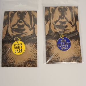 🐕 "Who Rescued Who" and "Dog Hair Don't Care" Enamel Dog Tag Charm Set of 2